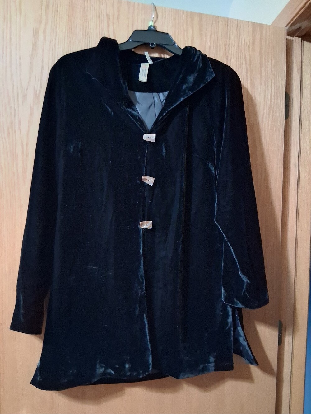 vintage black velvet coat or duster jacket, size 14, soft  oversized buttons